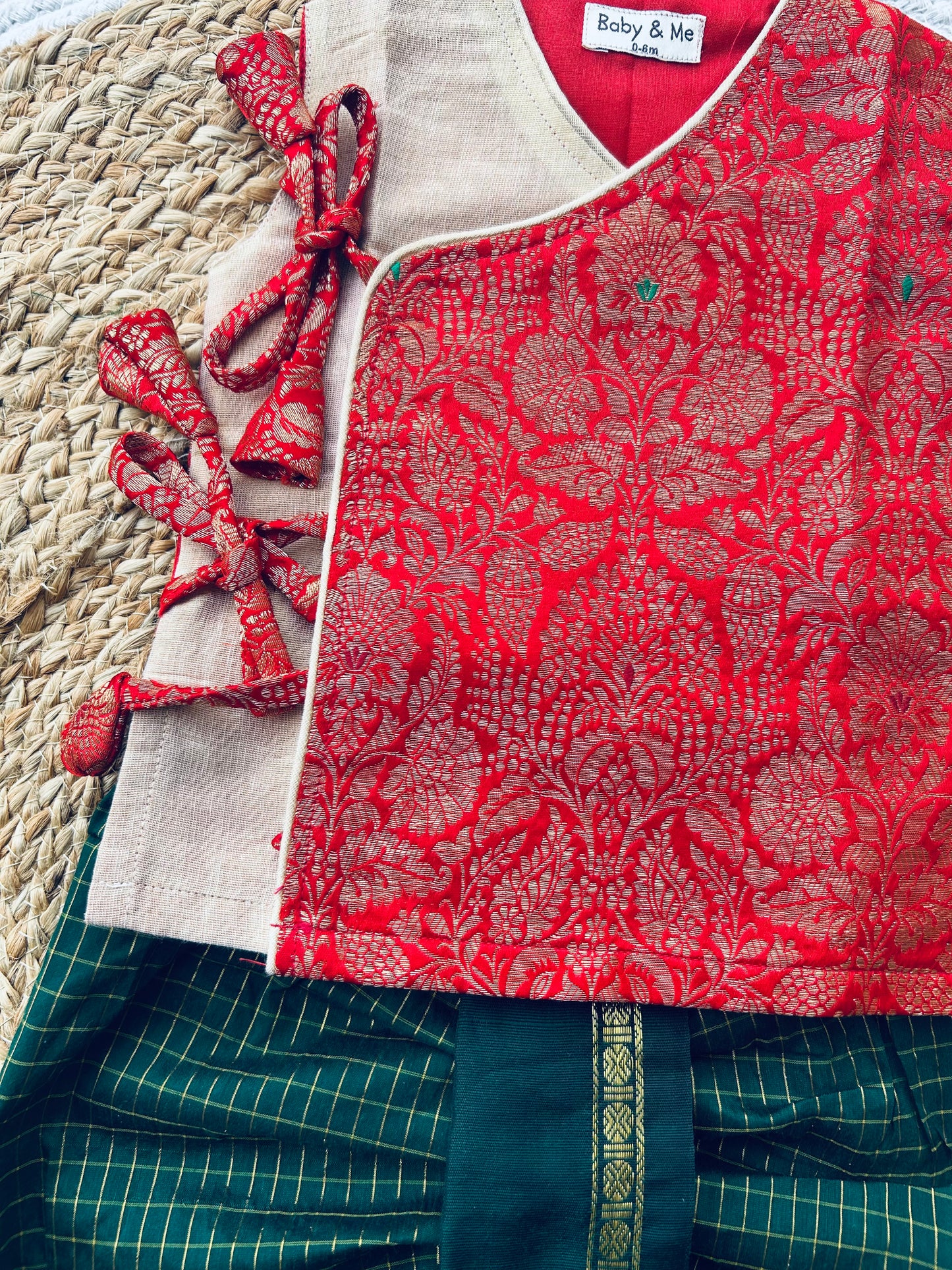 Red Banarasi angrakha with gold tissue dhoti comfortable ethnic wear for baby boy