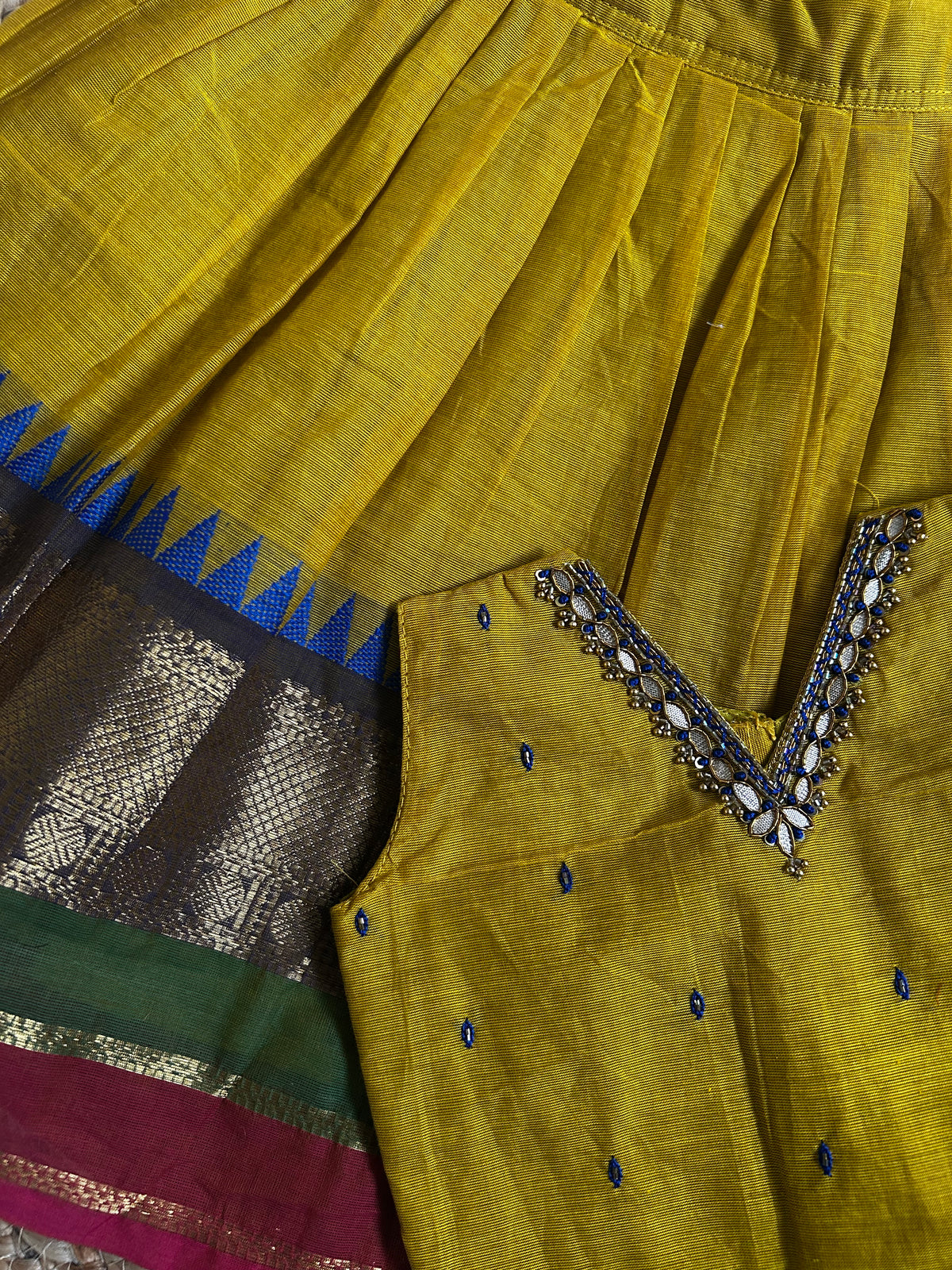 ಹಳದಿ (haladi) kanchi silk cotton sleeveless heritage langa blouse for baby girl