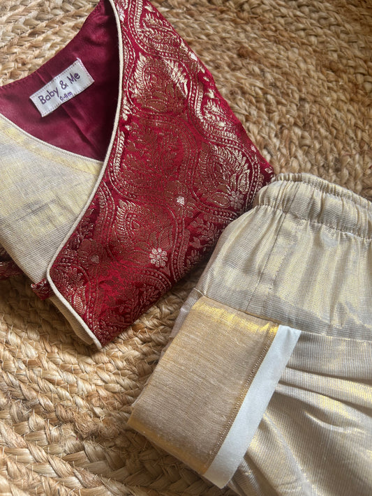 Maroon banarasi angrakha with traditional gold dhoti ethnic wear for baby boy