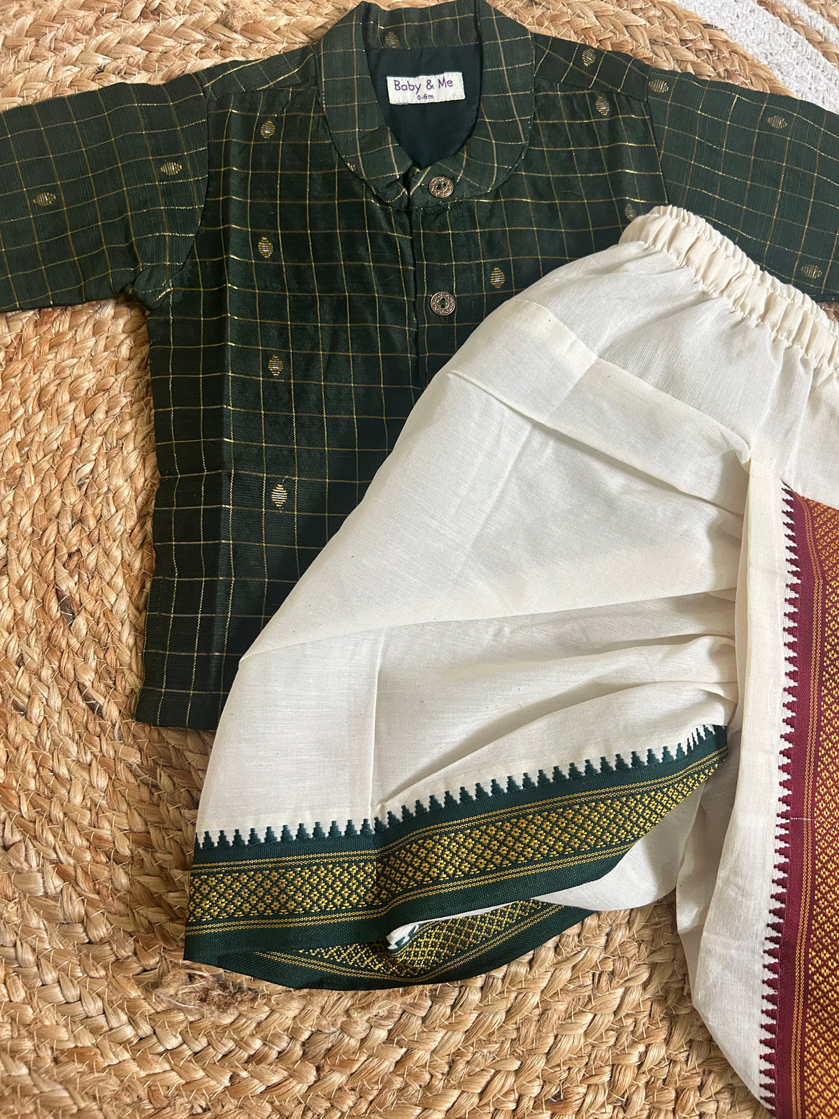 Green Reshme Chowka Kurta with white Traditional Temple Border Dhoti ethnic wear for baby boy