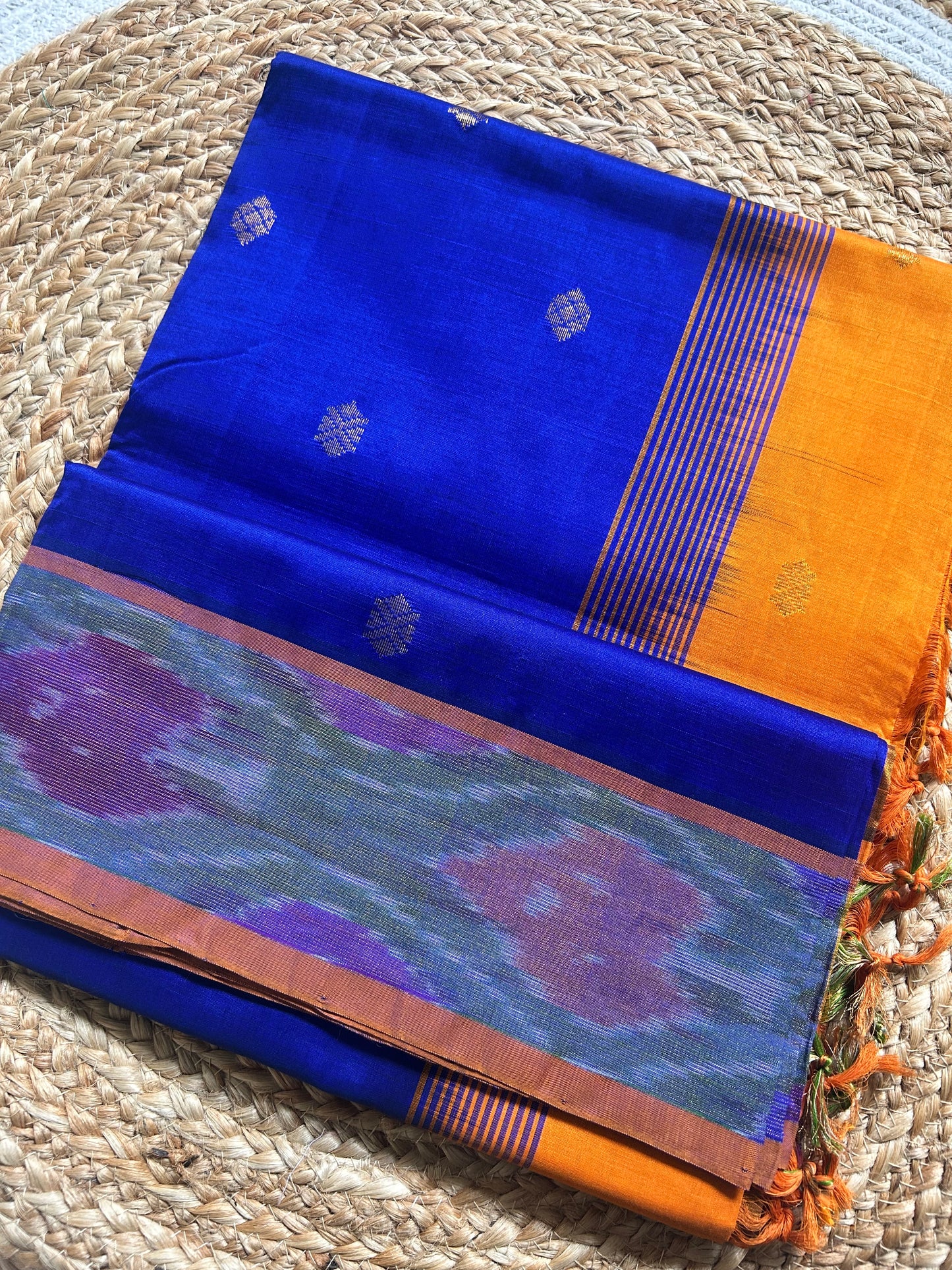 Royal Blue Handloom Silk Cotton Saree with Multicolor Ikat Pallu