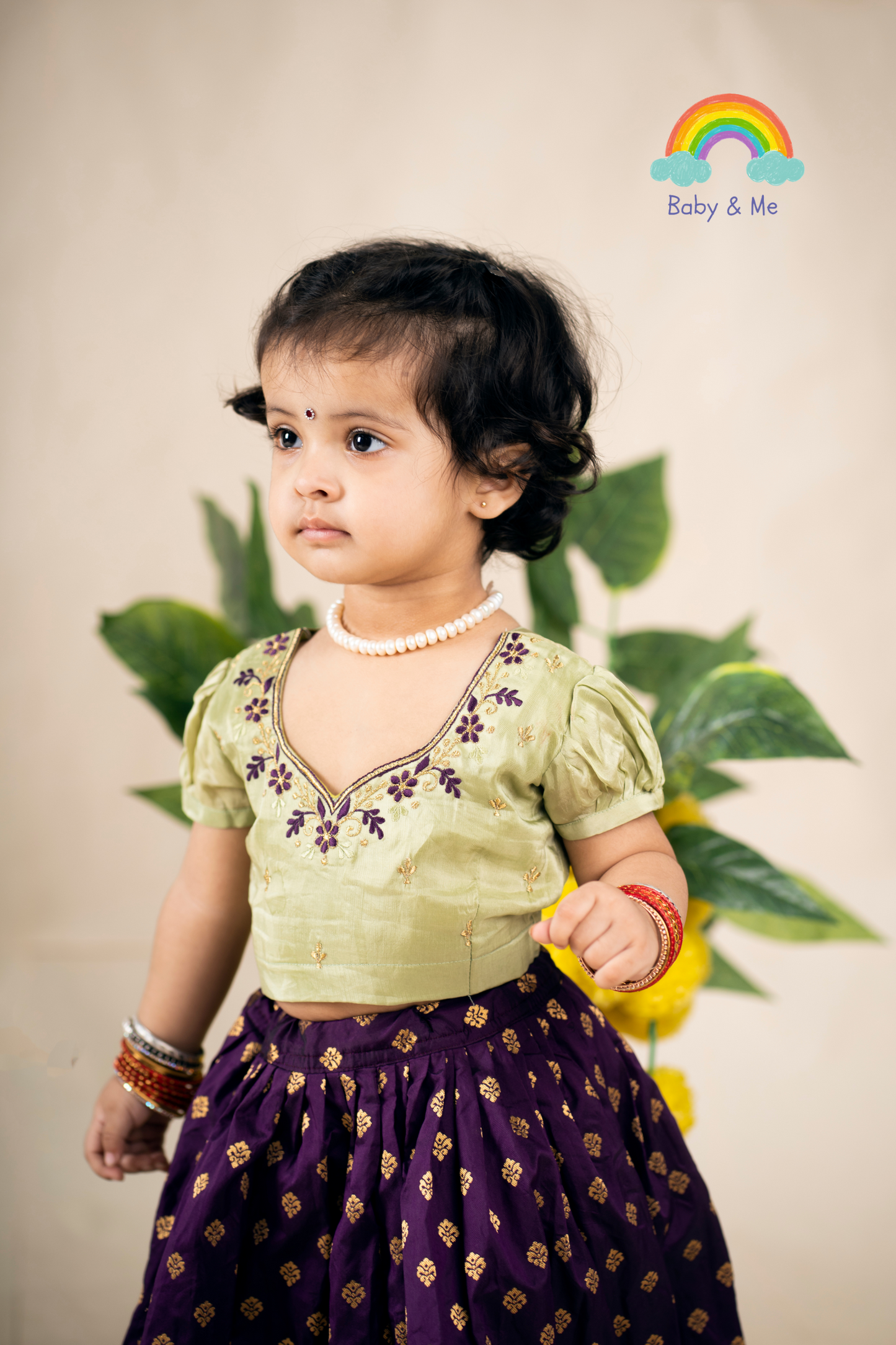 Pista green with wine'ish - purple silk south indian ethnic wear langa blouse for baby girl