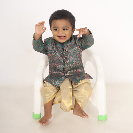 Steel blue with gold shade kurta dhoti ethnic wear for baby boy