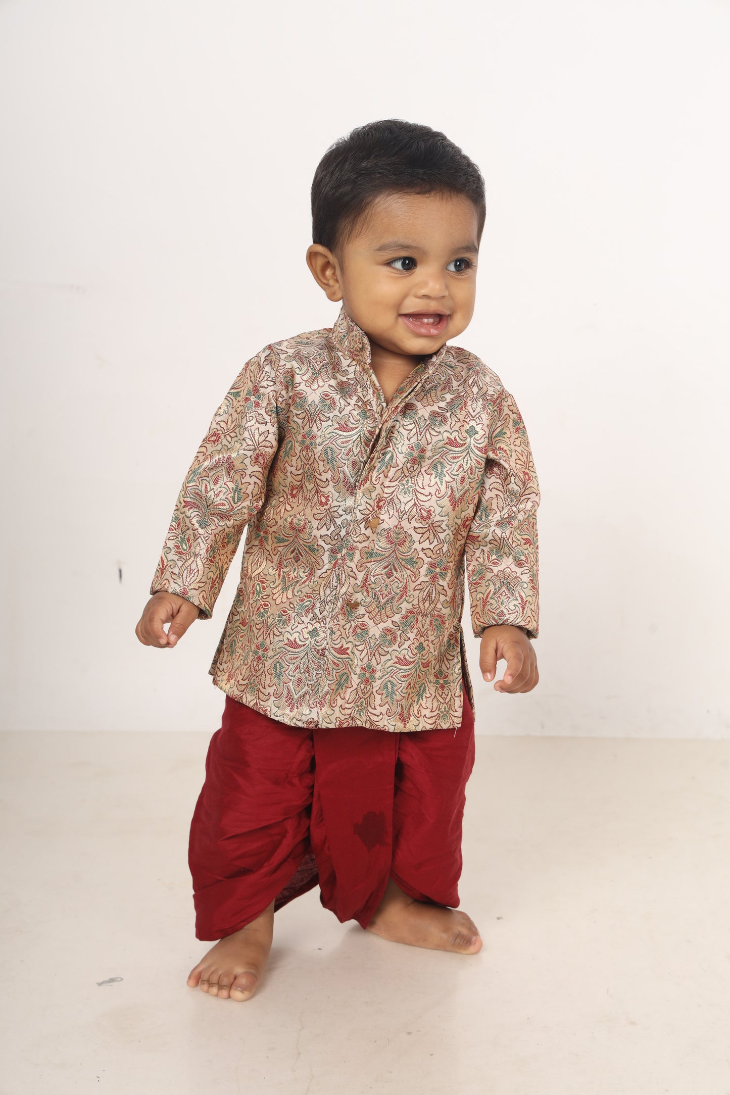 Multicolor thread woven cream and maroon kurta dhoti ethnic wear for baby boy