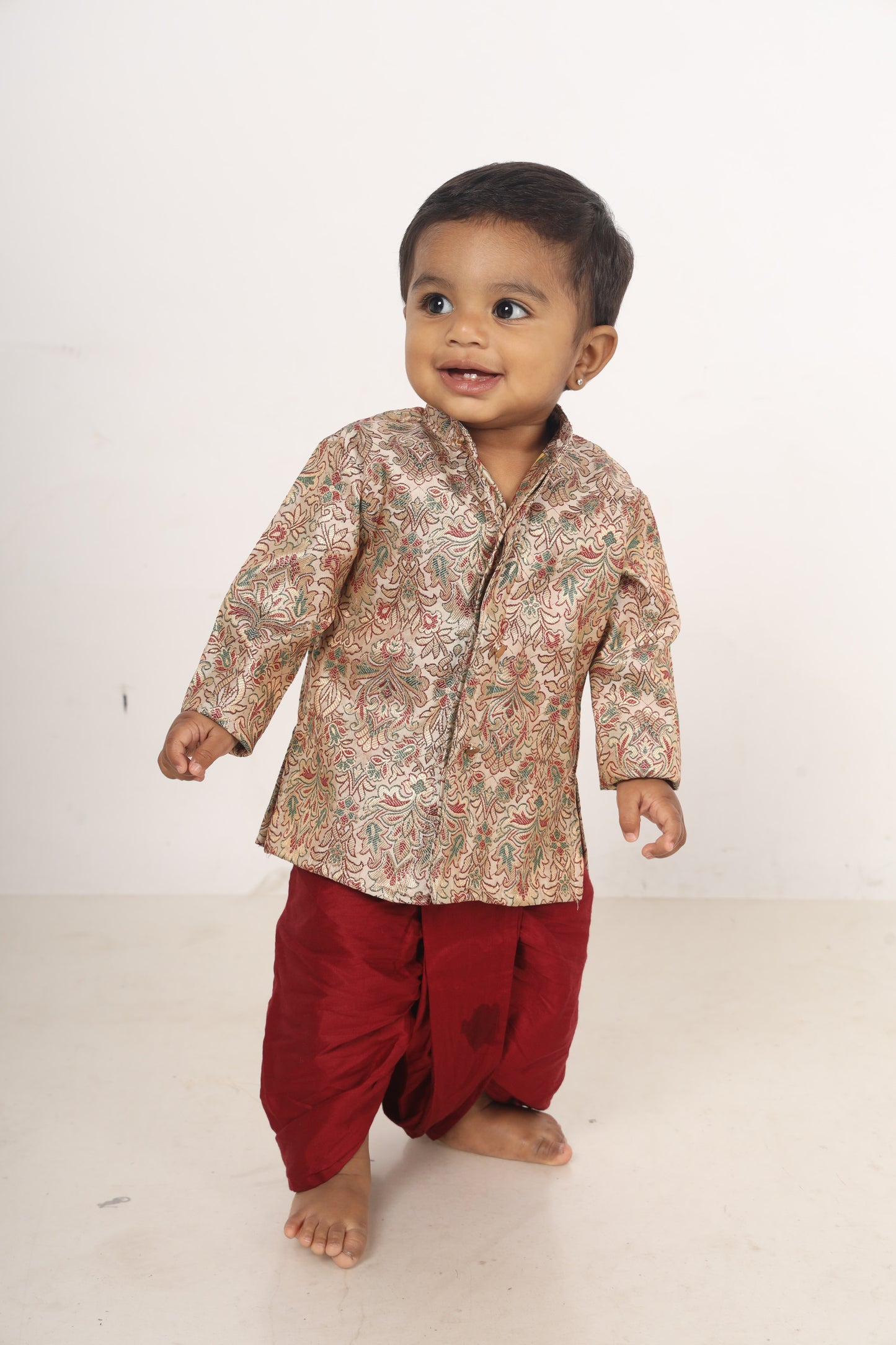 Multicolor thread woven cream and maroon kurta dhoti ethnic wear for baby boy