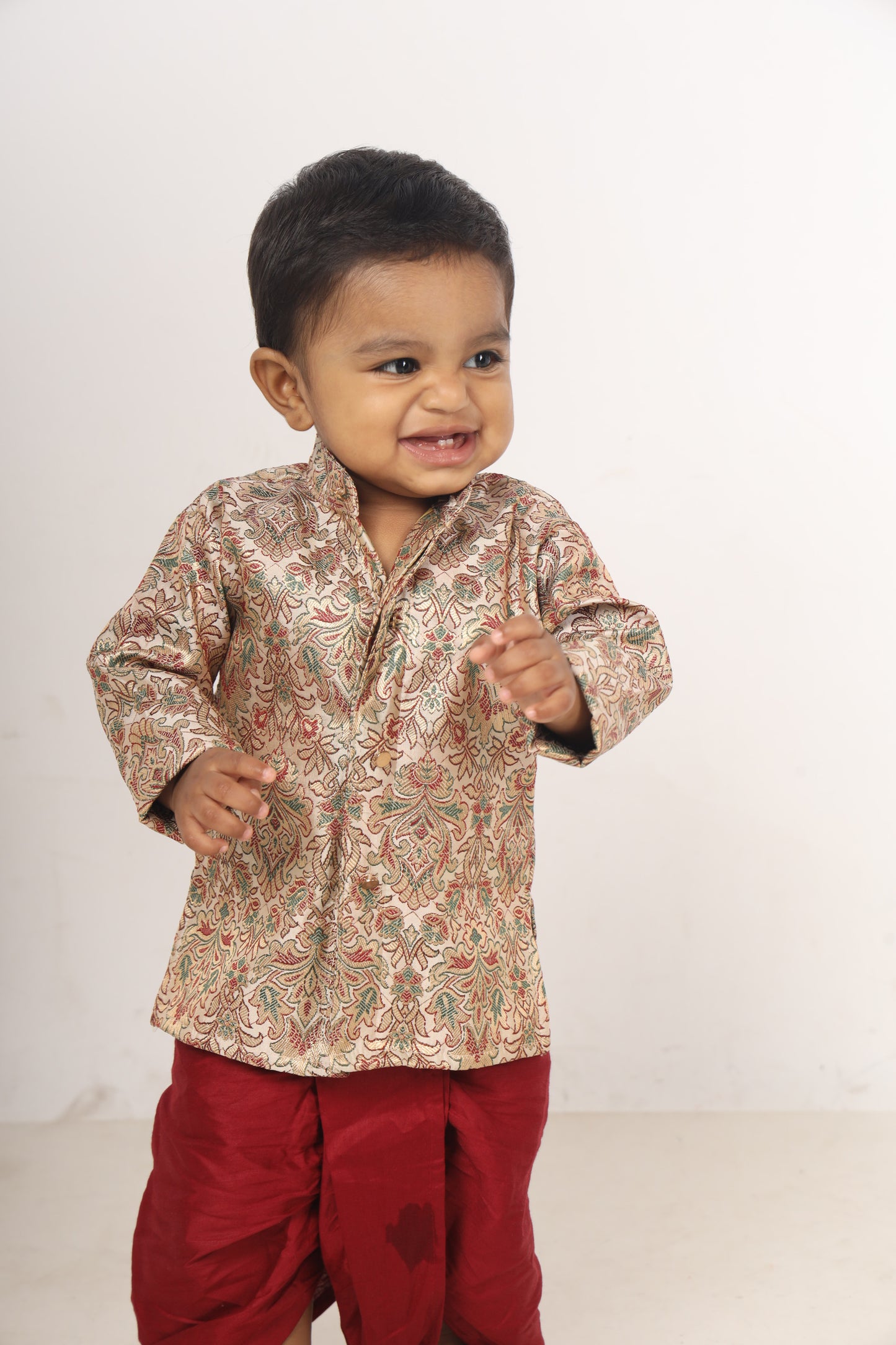 Multicolor thread woven cream and maroon kurta dhoti ethnic wear for baby boy