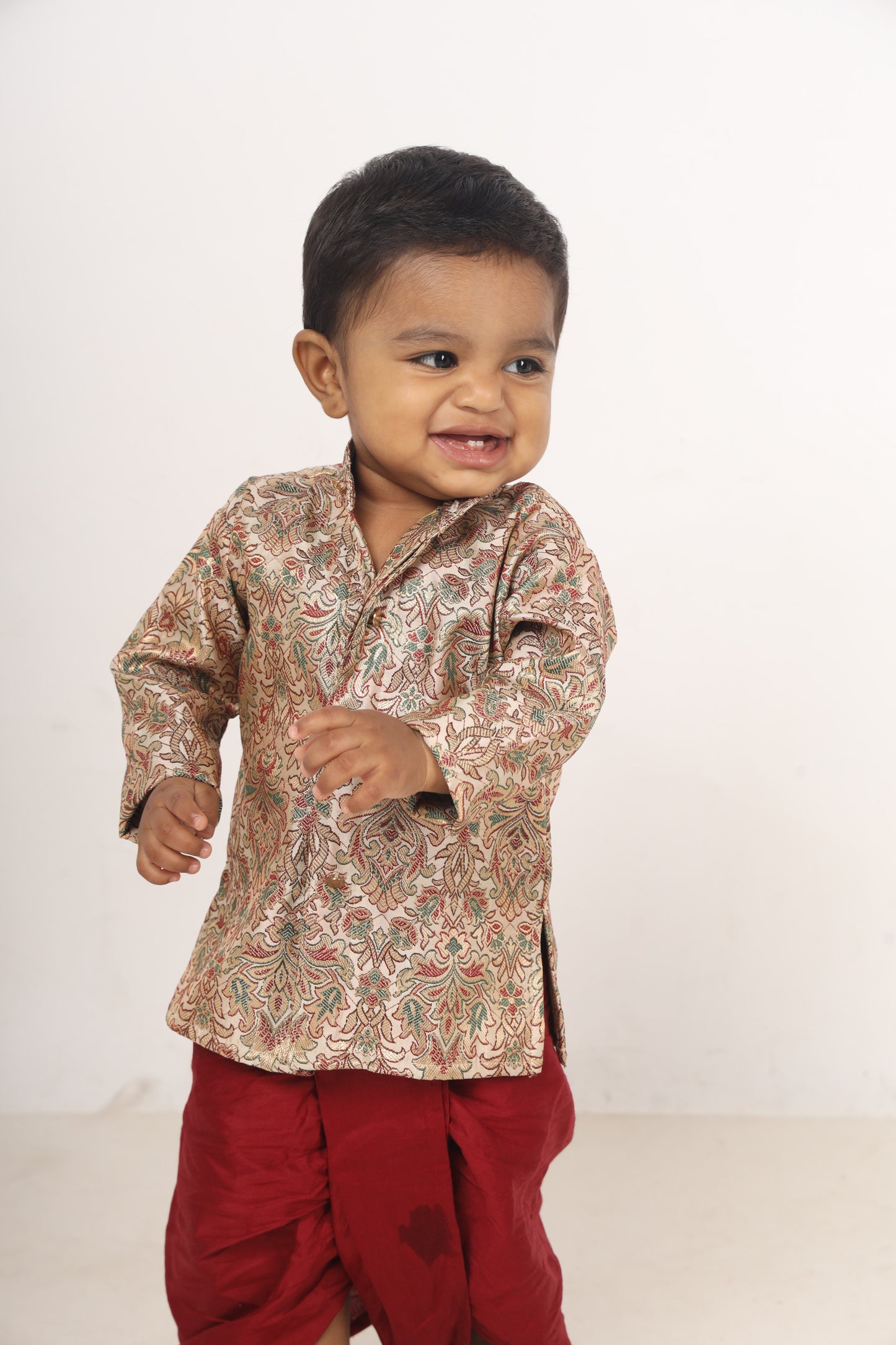 Multicolor thread woven cream and maroon kurta dhoti ethnic wear for baby boy