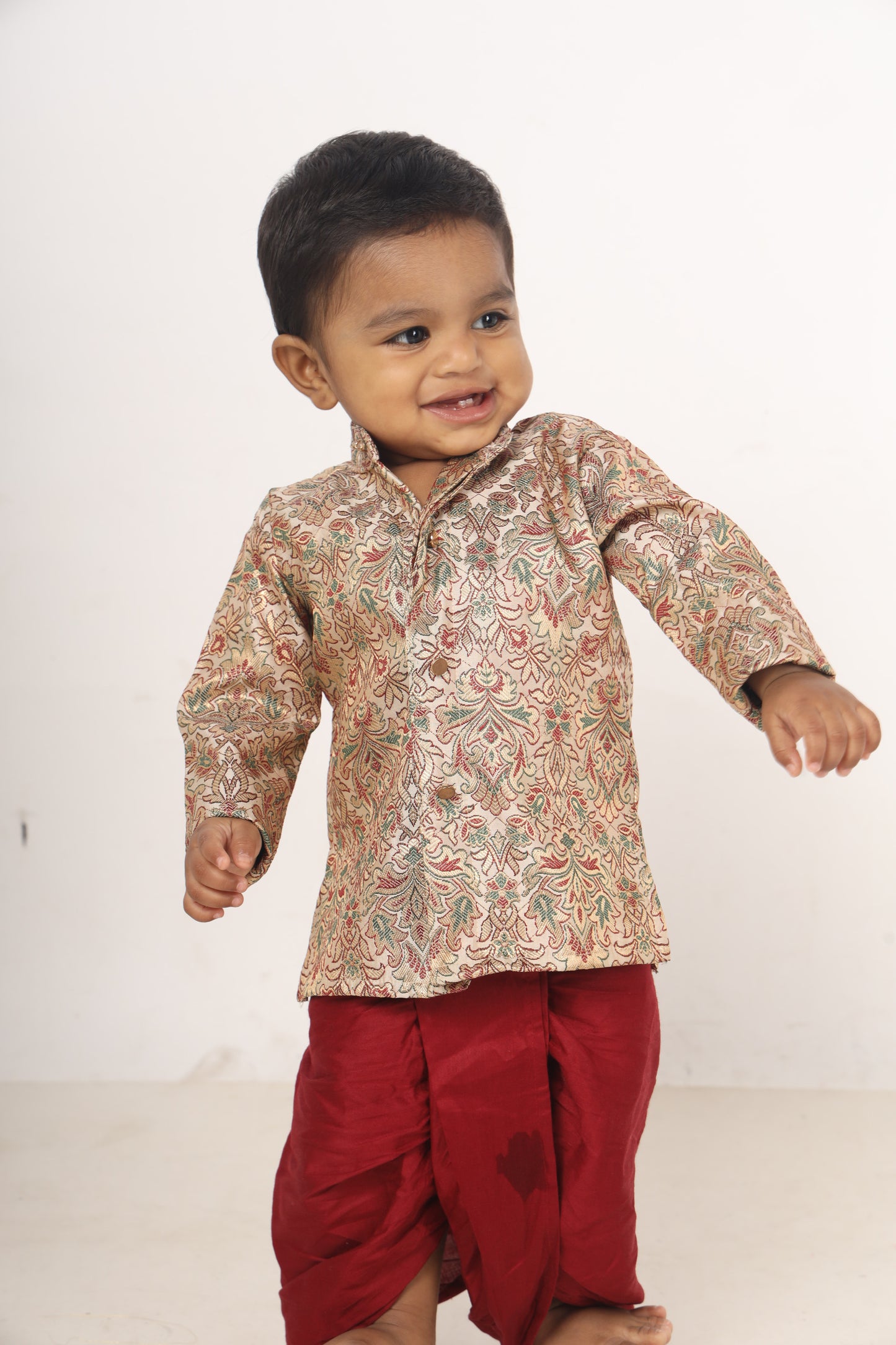 Multicolor thread woven cream and maroon kurta dhoti ethnic wear for baby boy