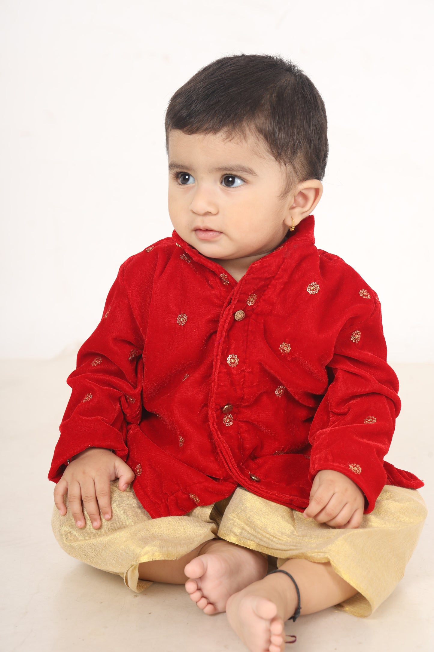 Velvet red and gold color kurta dhoti ethnic wear for baby boy