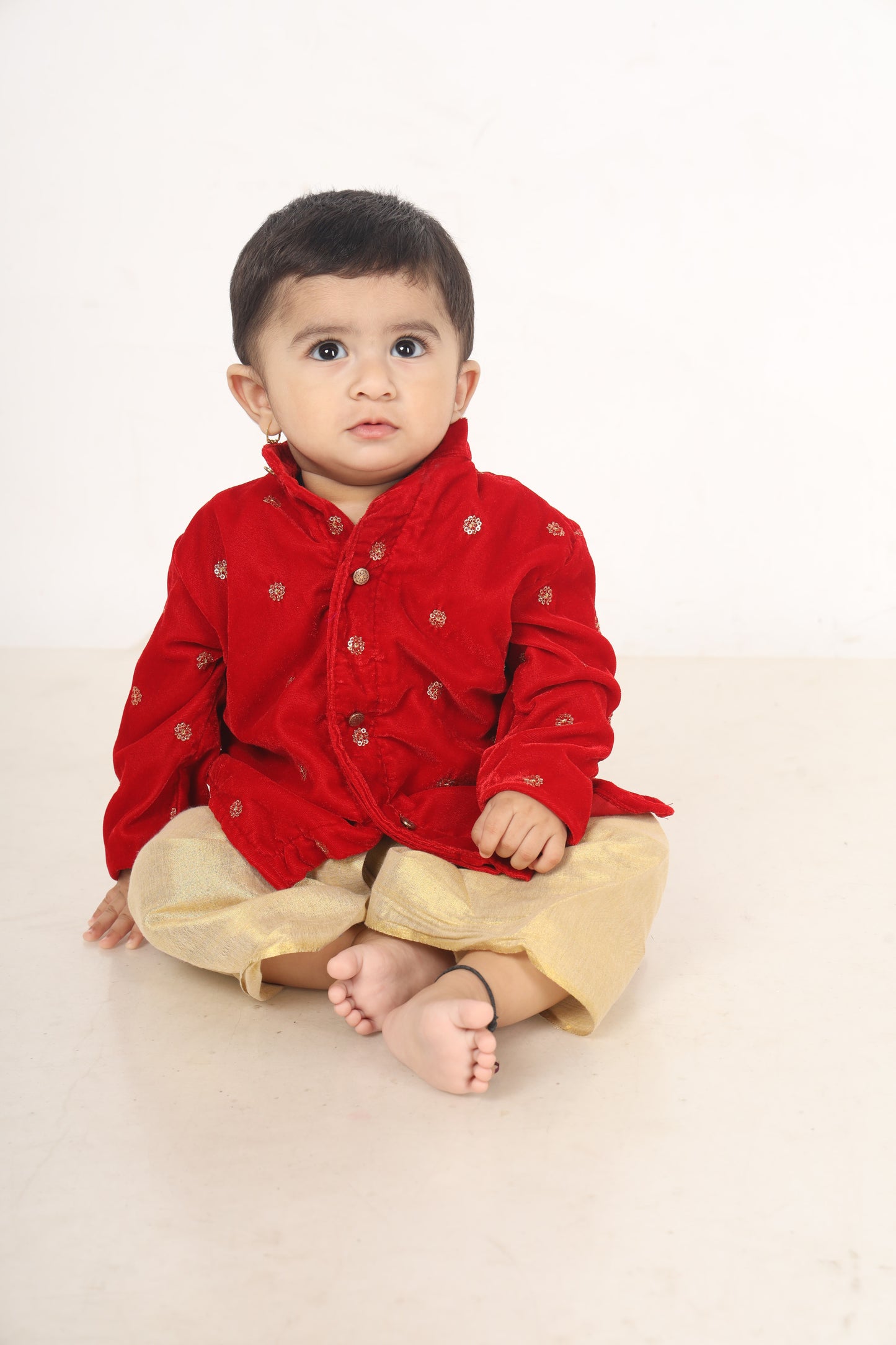 Velvet red and gold color kurta dhoti ethnic wear for baby boy