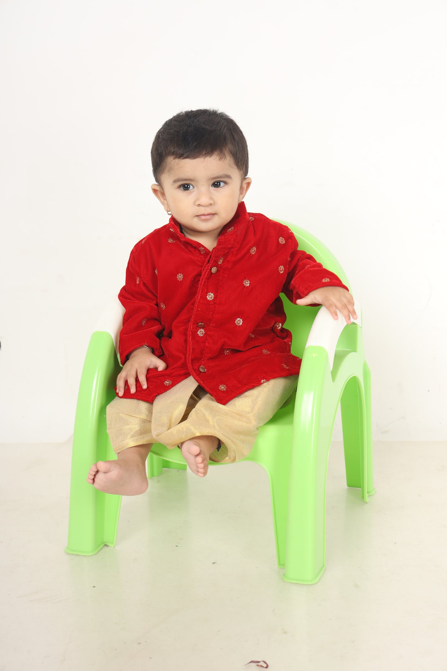 Velvet red and gold color kurta dhoti ethnic wear for baby boy