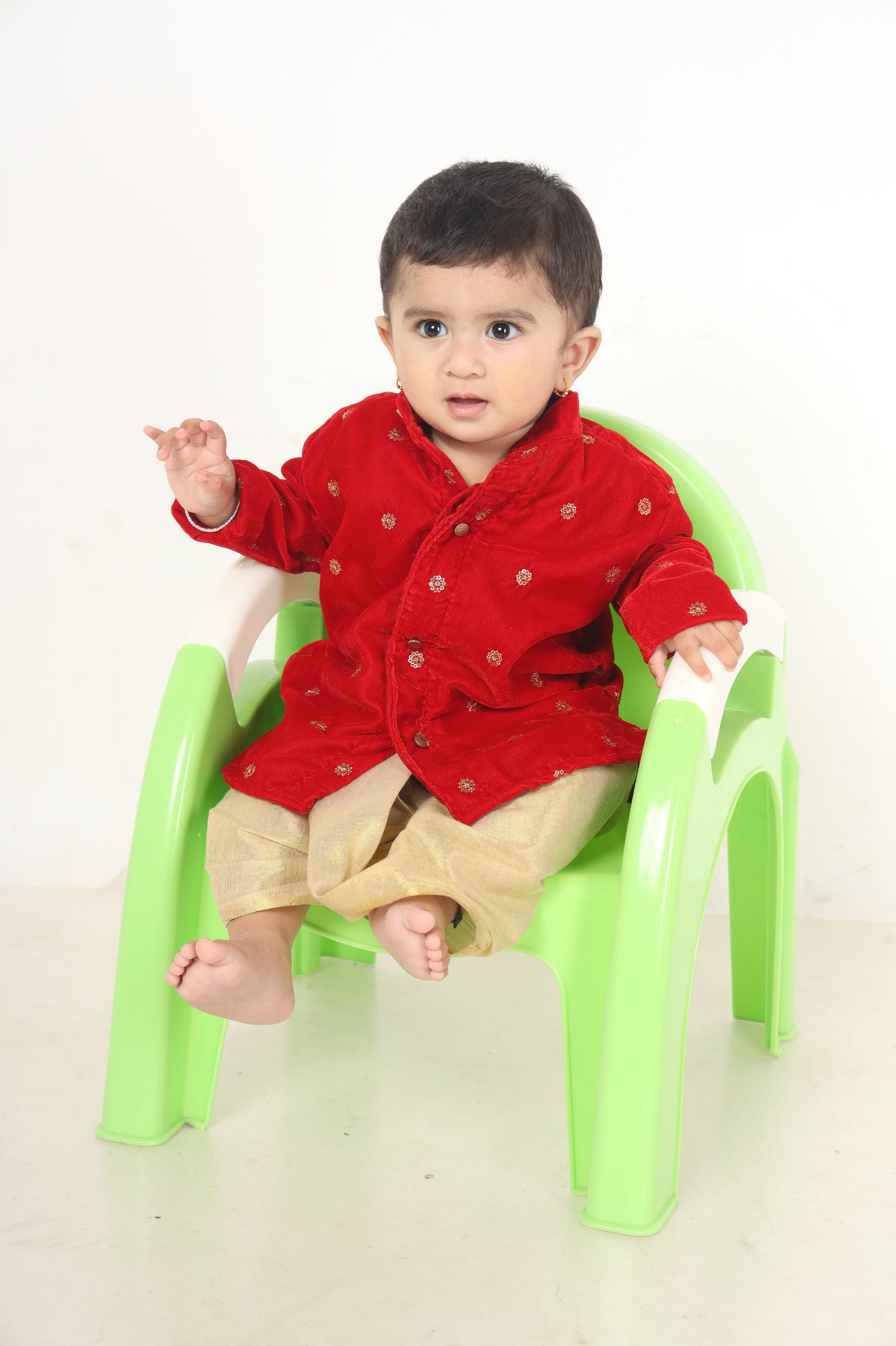 Velvet red and gold color kurta dhoti ethnic wear for baby boy