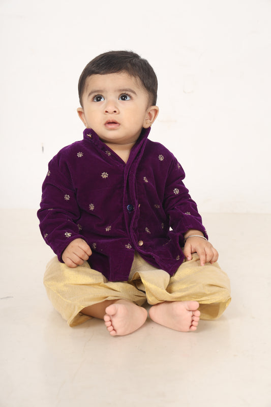 Velvet purple with gold Kurta Dhoti ethnic wear for baby boy