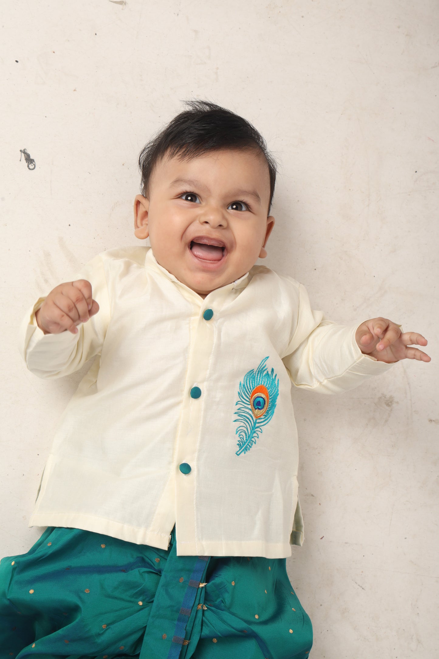 Baby Boy Krishna Dress - White and peacock blue feather embroidered kurta dhoti ethnic dress for baby boy
