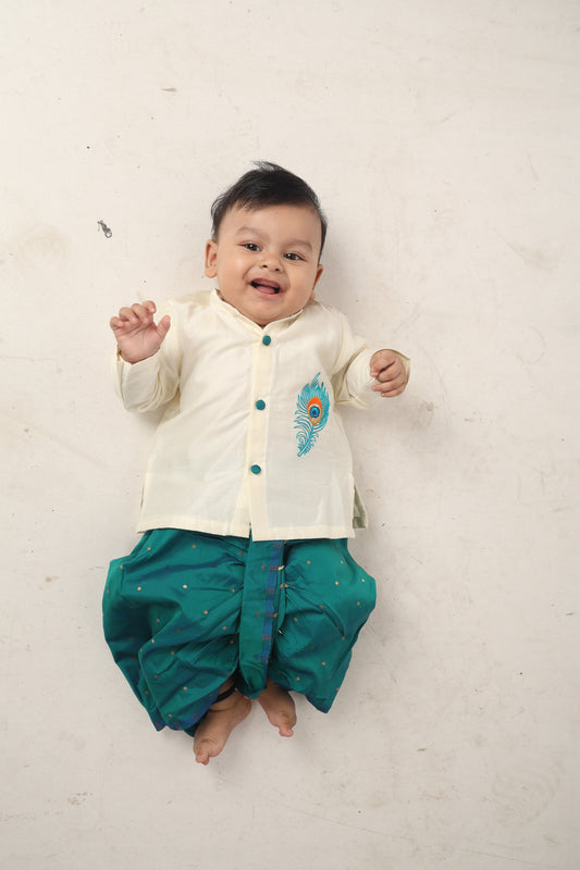 Baby Boy Krishna Dress - White and peacock blue feather embroidered kurta dhoti ethnic dress for baby boy