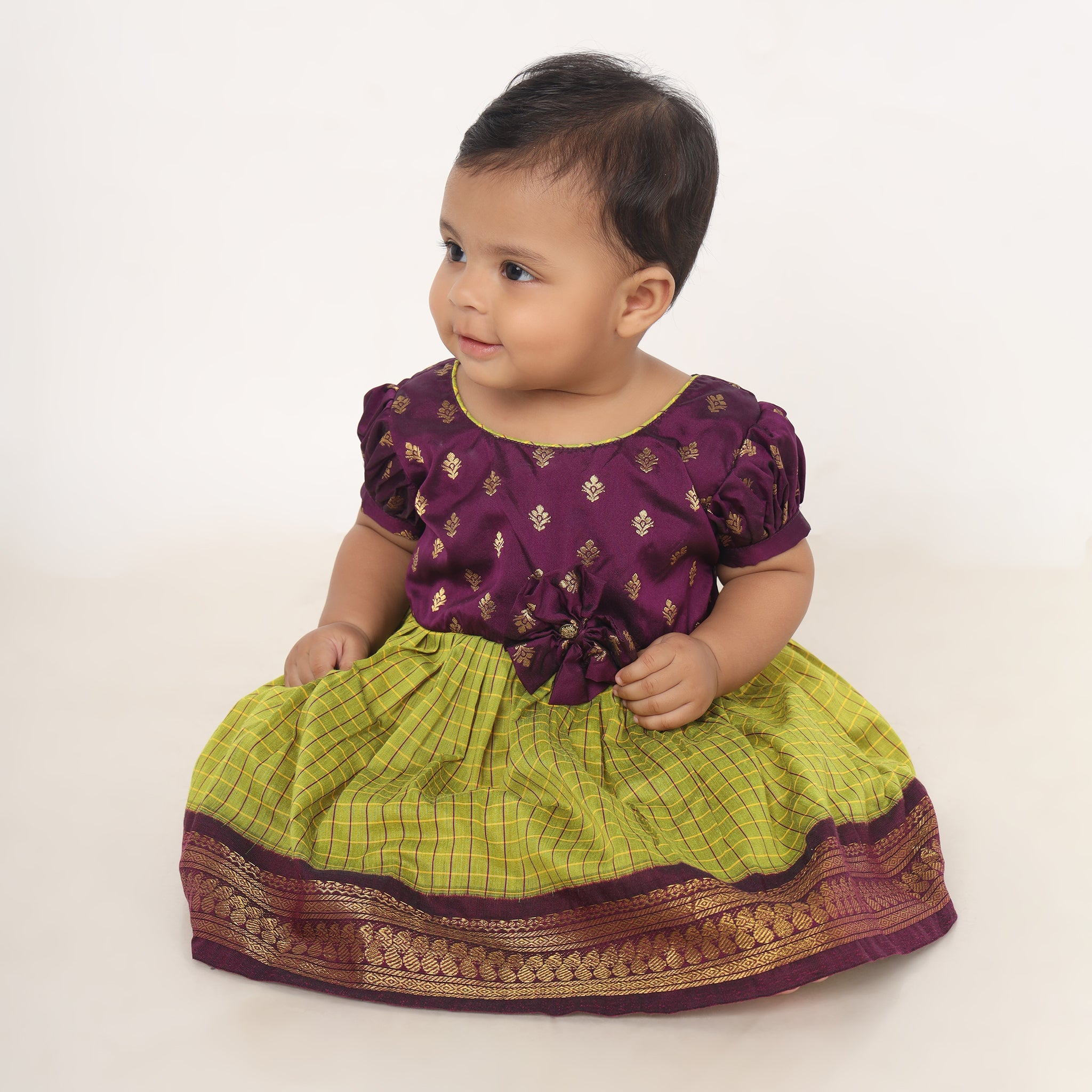 Wine and Checked Green - Kanchi Cotton Silk Ethnic Wear for Baby Girl