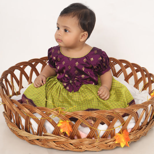 Wine and Checked Green - Kanchi Cotton Silk Ethnic Wear for Baby Girl