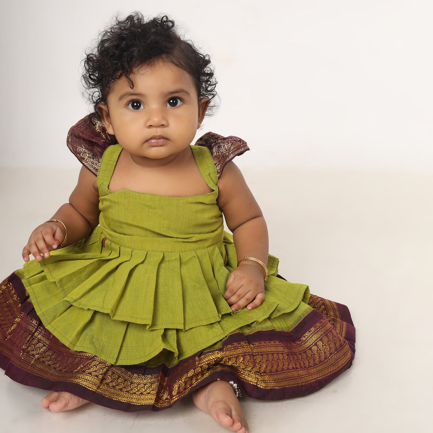 Green with wine - Cotton Silk 3 Layered South Indian Ethnic Frock for Baby Girl