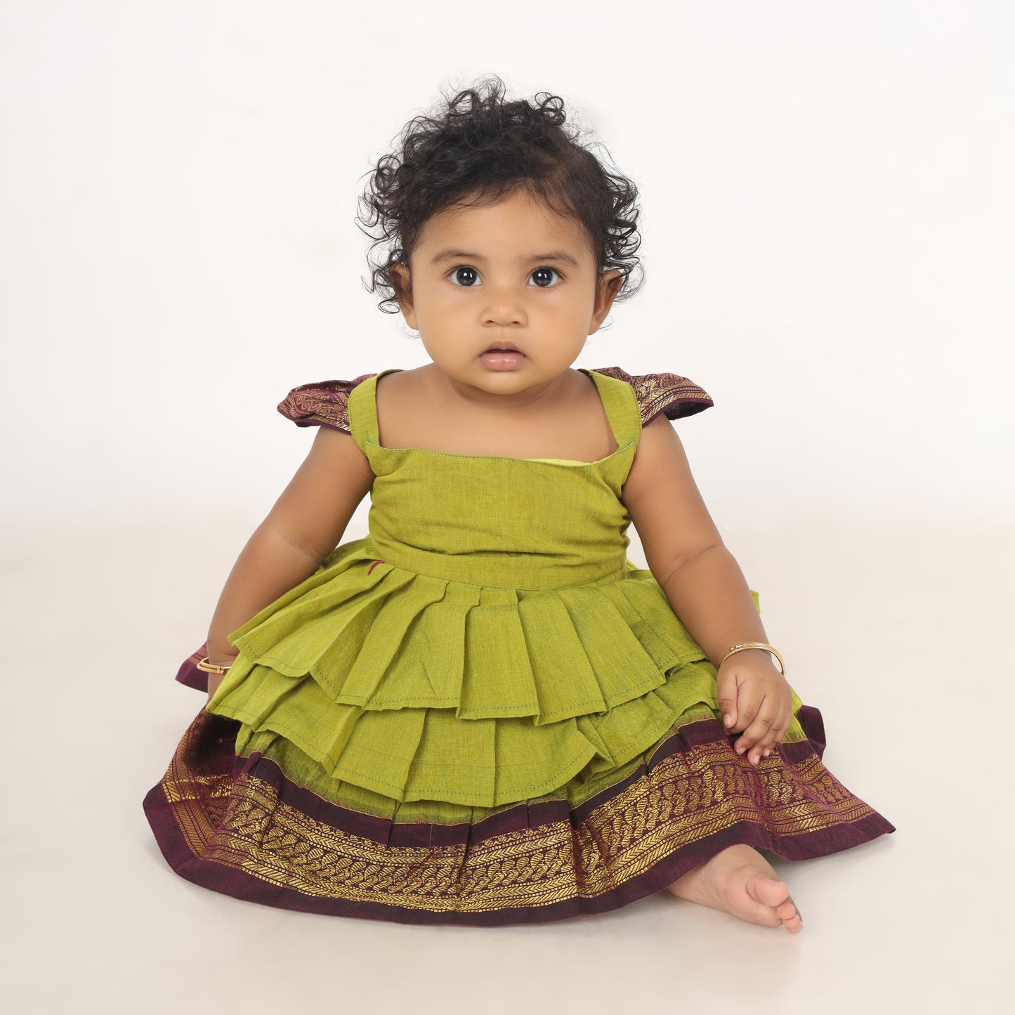 Green with wine - Cotton Silk 3 Layered South Indian Ethnic Frock for Baby Girl