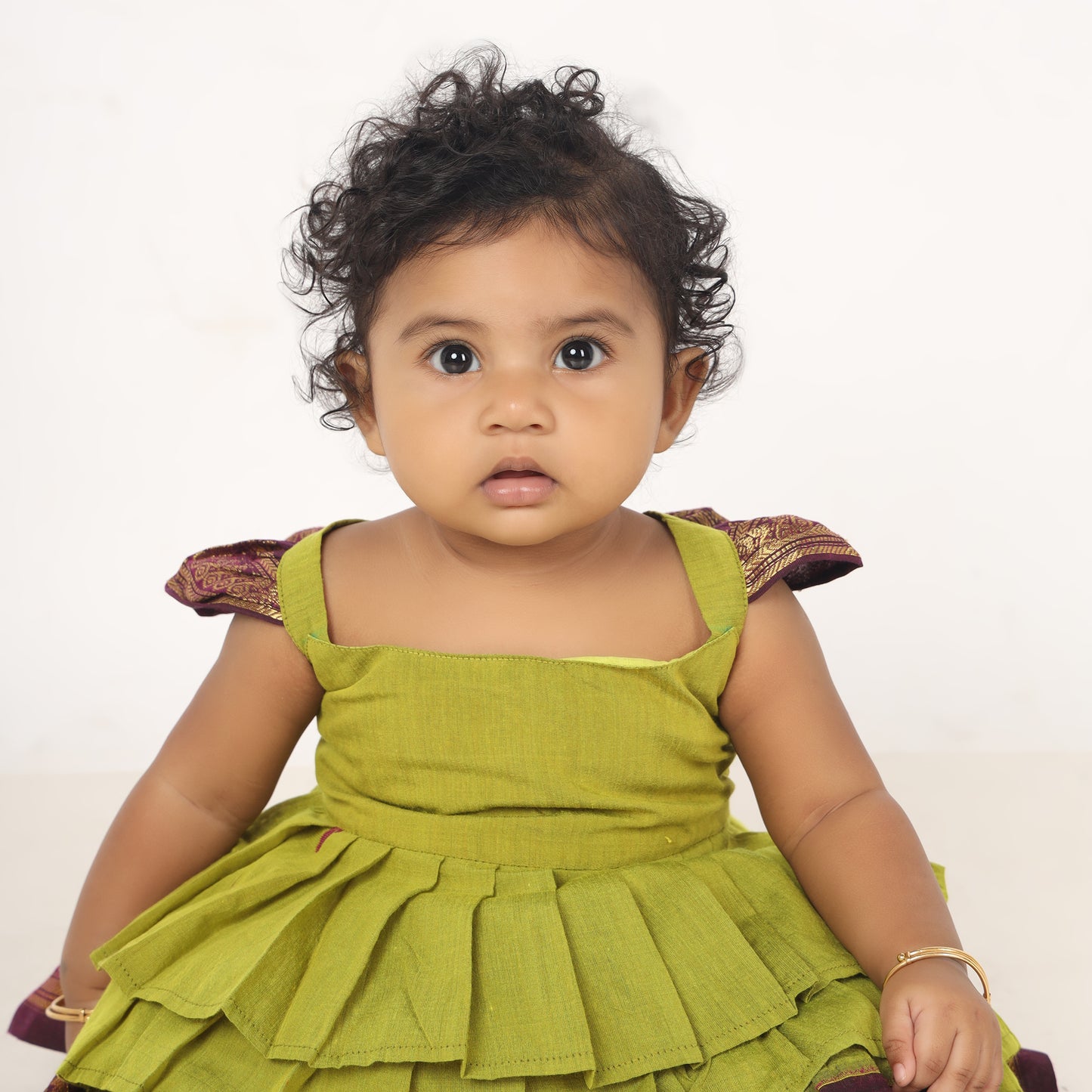 Green with wine - Cotton Silk 3 Layered South Indian Ethnic Frock for Baby Girl