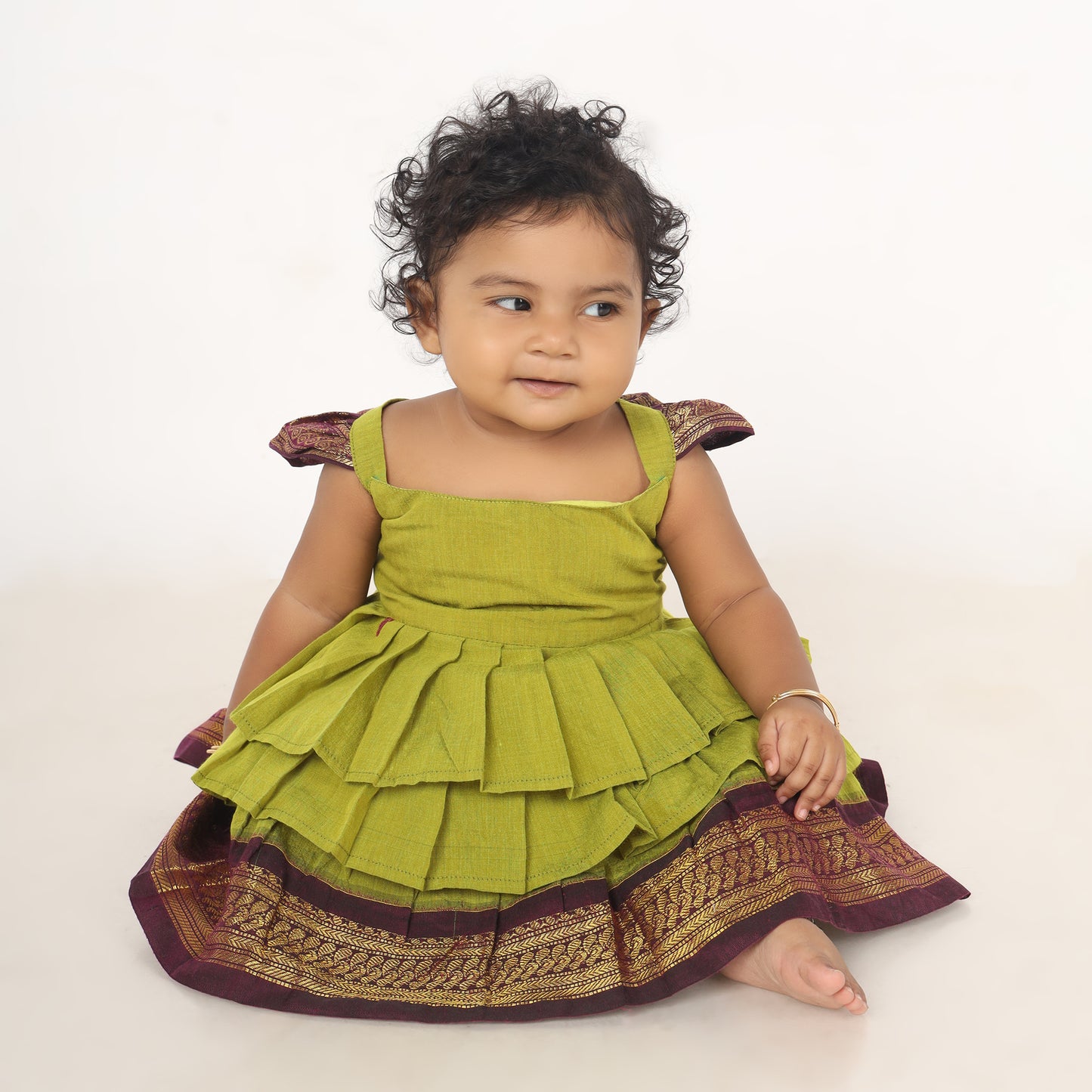 Green with wine - Cotton Silk 3 Layered South Indian Ethnic Frock for Baby Girl