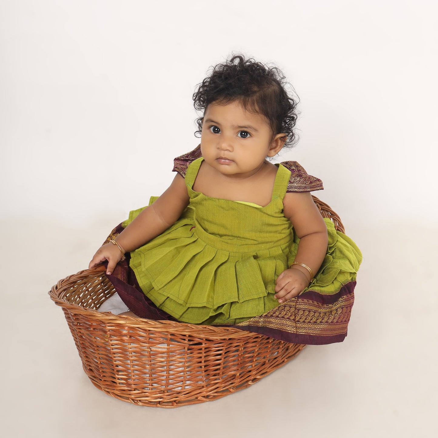 Green with wine - Cotton Silk 3 Layered South Indian Ethnic Frock for Baby Girl