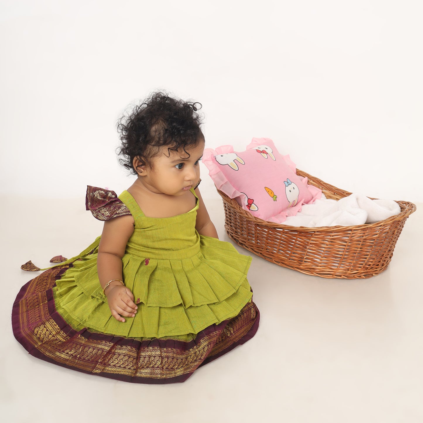 Green with wine - Cotton Silk 3 Layered South Indian Ethnic Frock for Baby Girl