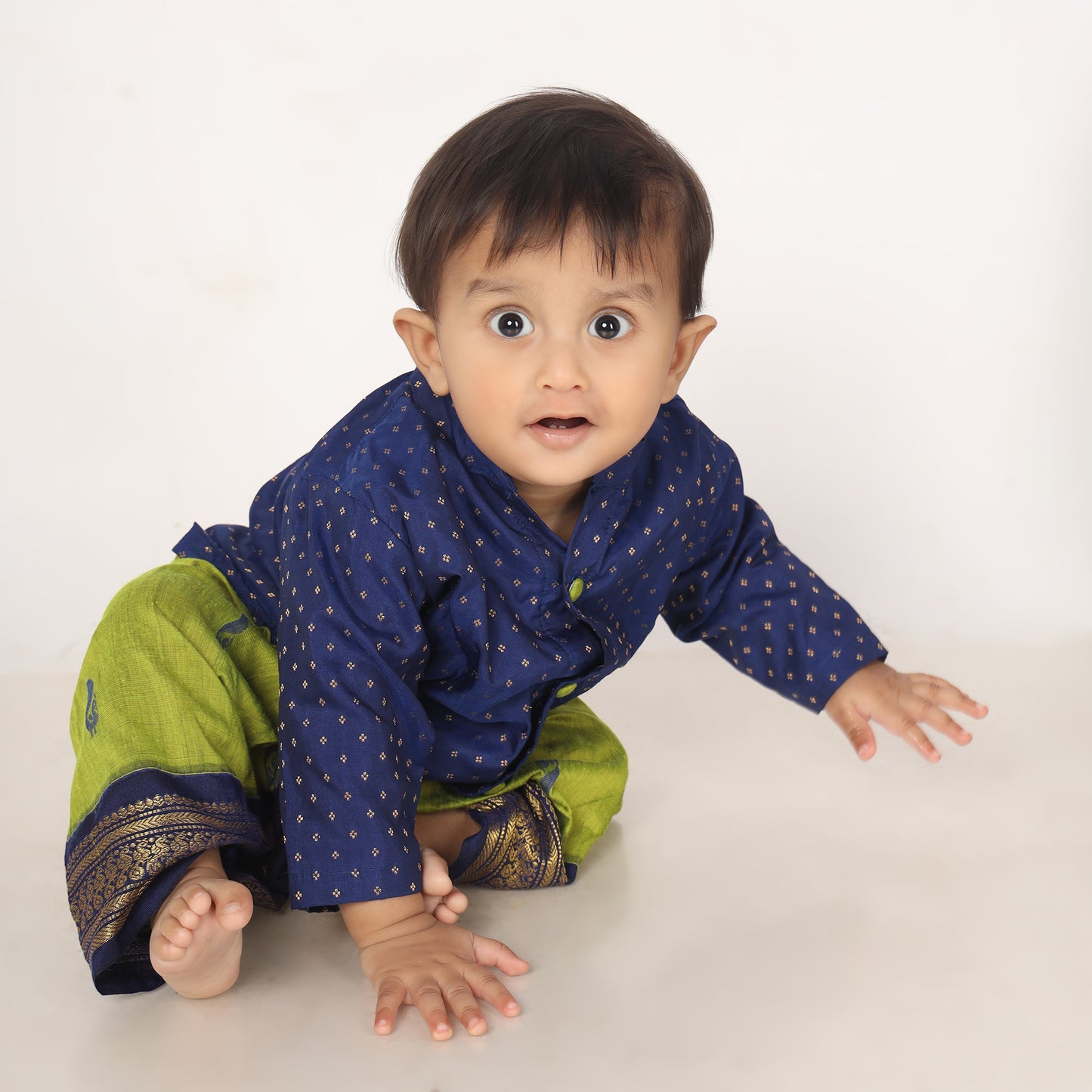 Light green and navy blue embroidered kurta dhoti ethnic dress for baby boy