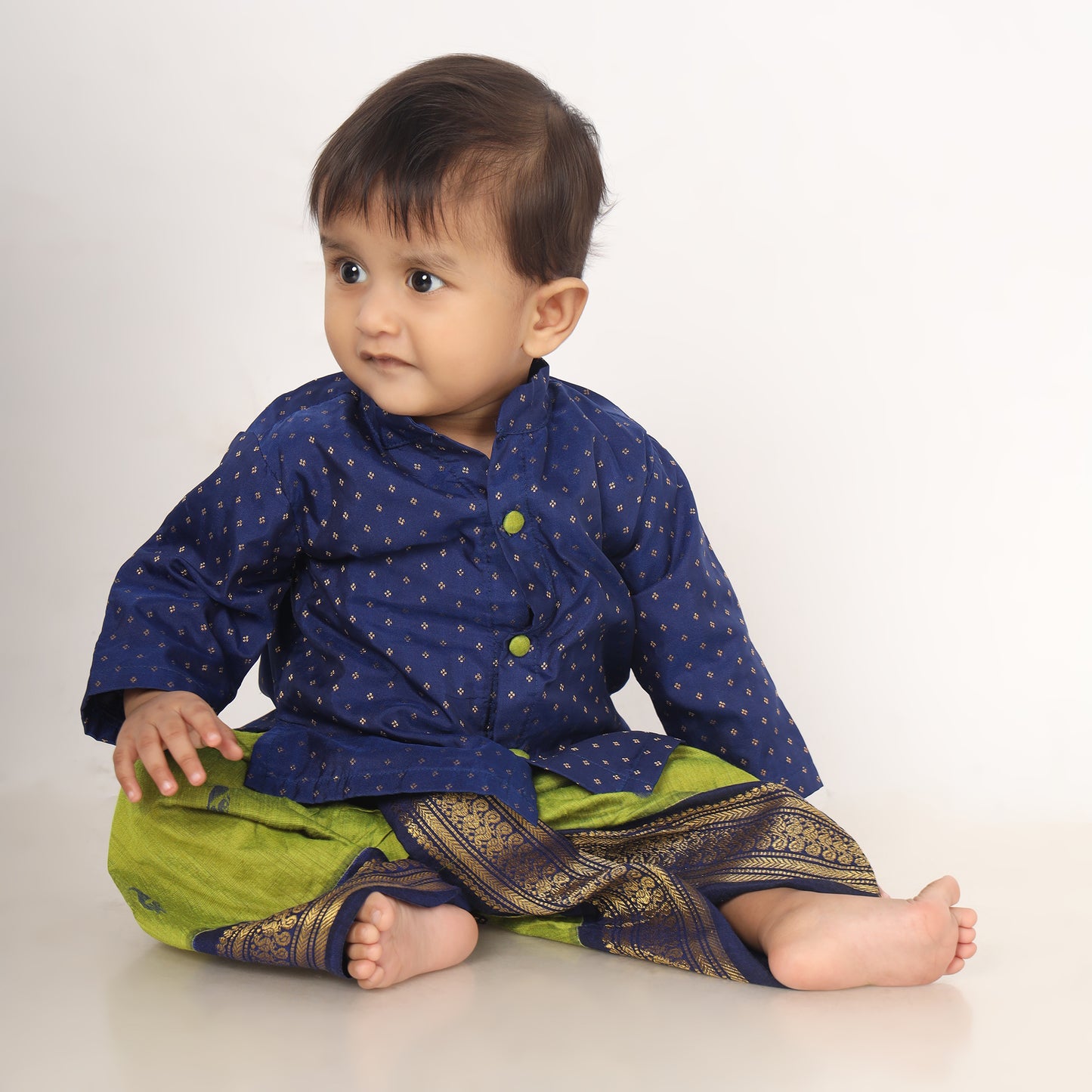 Light green and navy blue embroidered kurta dhoti ethnic dress for baby boy