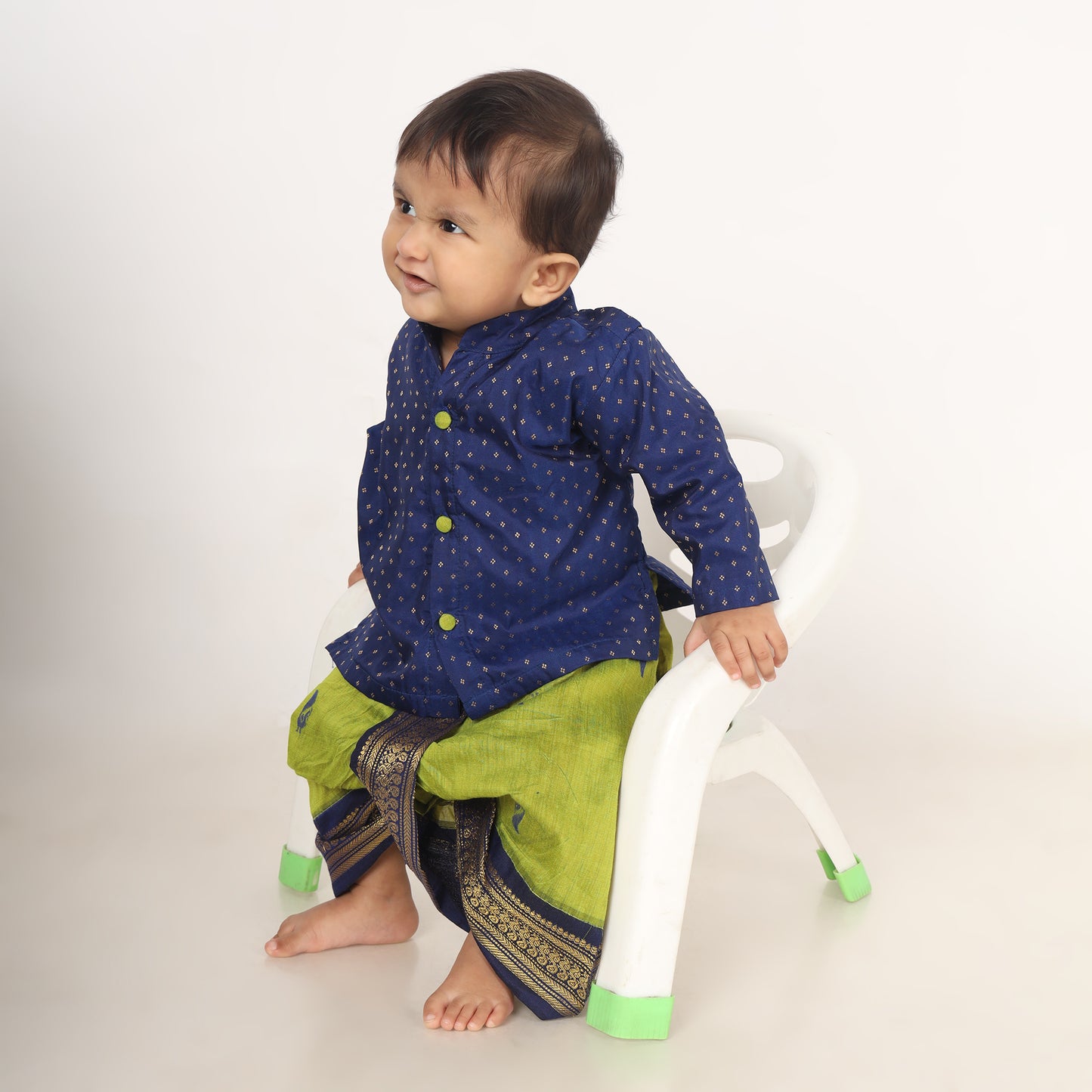 Light green and navy blue embroidered kurta dhoti ethnic dress for baby boy