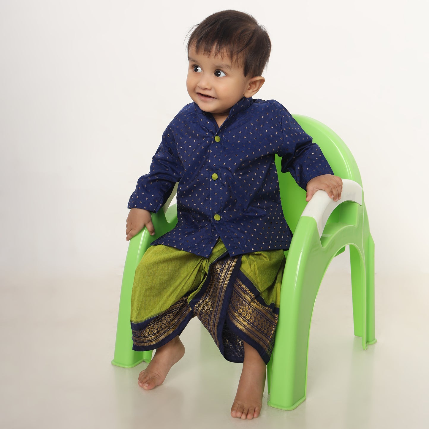 Light green and navy blue embroidered kurta dhoti ethnic dress for baby boy