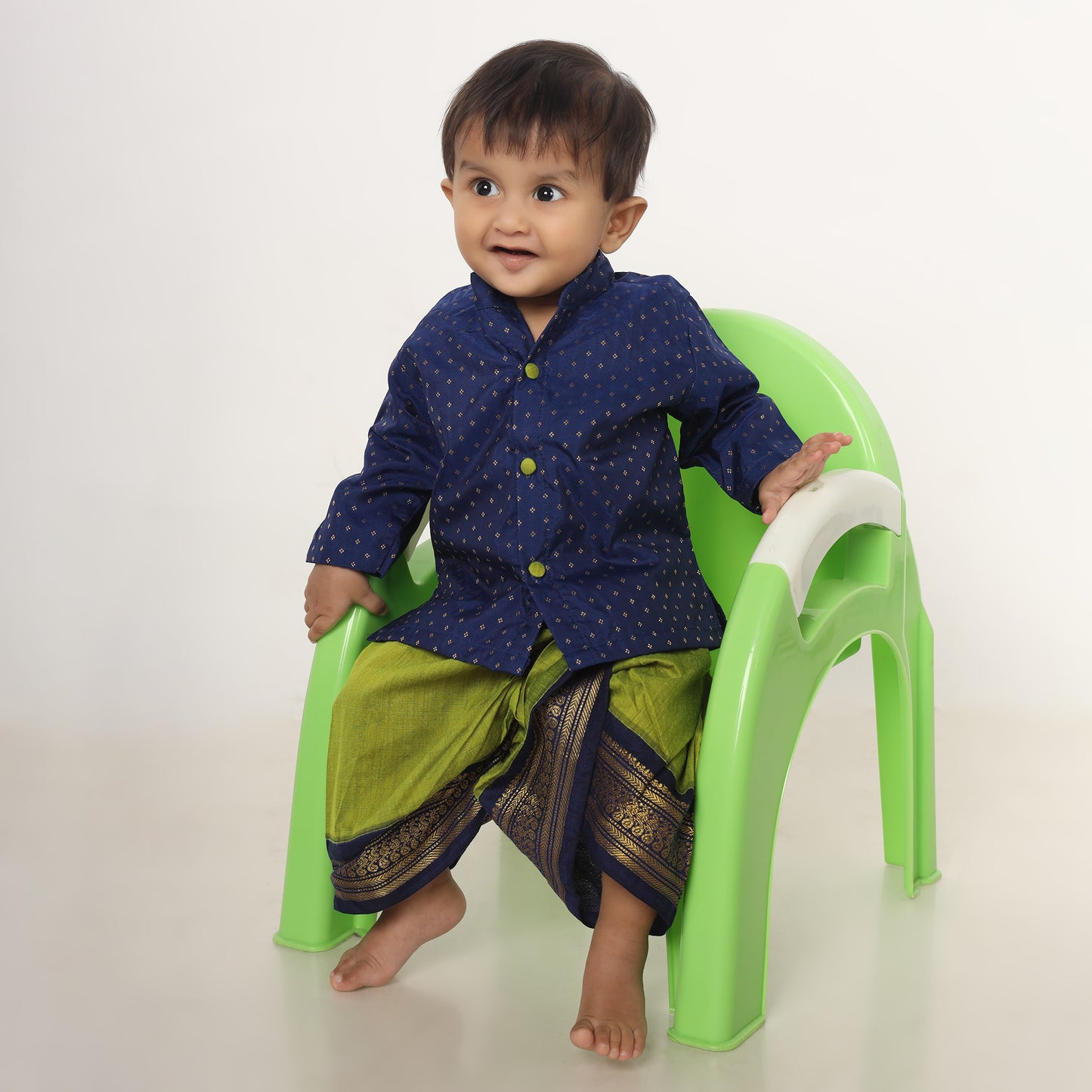 Light green and navy blue embroidered kurta dhoti ethnic dress for baby boy