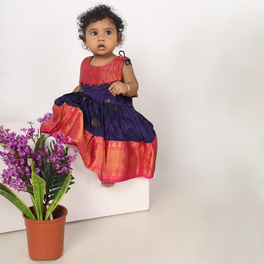 Ahalya - Navy blue with candy pink pattu silk ethnic wear for baby girl