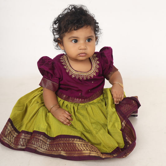 Purplish Wine with Parrot green baby girl traditional ethnic dress