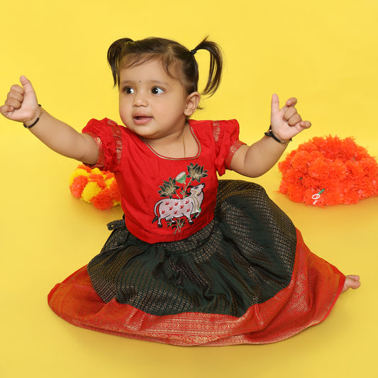 Maa Tarini - Candy Red and Forest Green traditional langa blouse kamadenu cow embroidered zari border ethnic wear pattu pavadai silk for baby girl