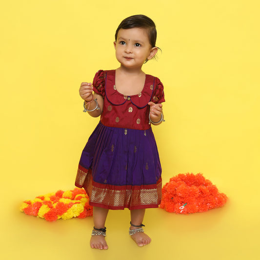 Maroon with violet (vintage collar) - Kanchi cotton ethnic Wear Frock for Baby Girl