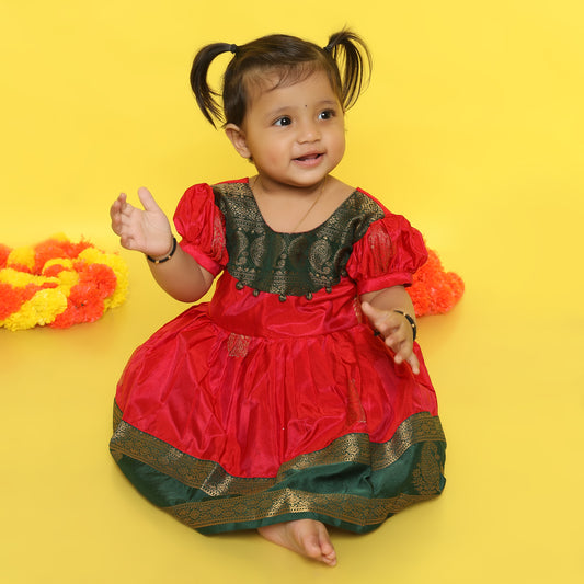 Saadhavi - Orange with bottle green pattu silk ethnic wear for baby girl