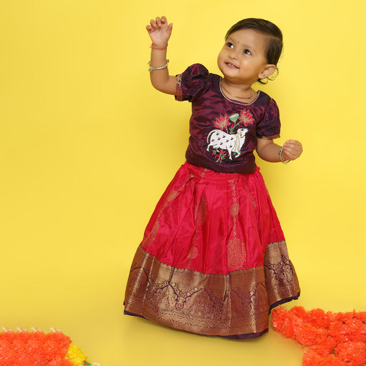 Wine and bright pink traditional langa blouse kamadenu cow embroidered zari border ethnic wear pattu pavadai silk for baby girl