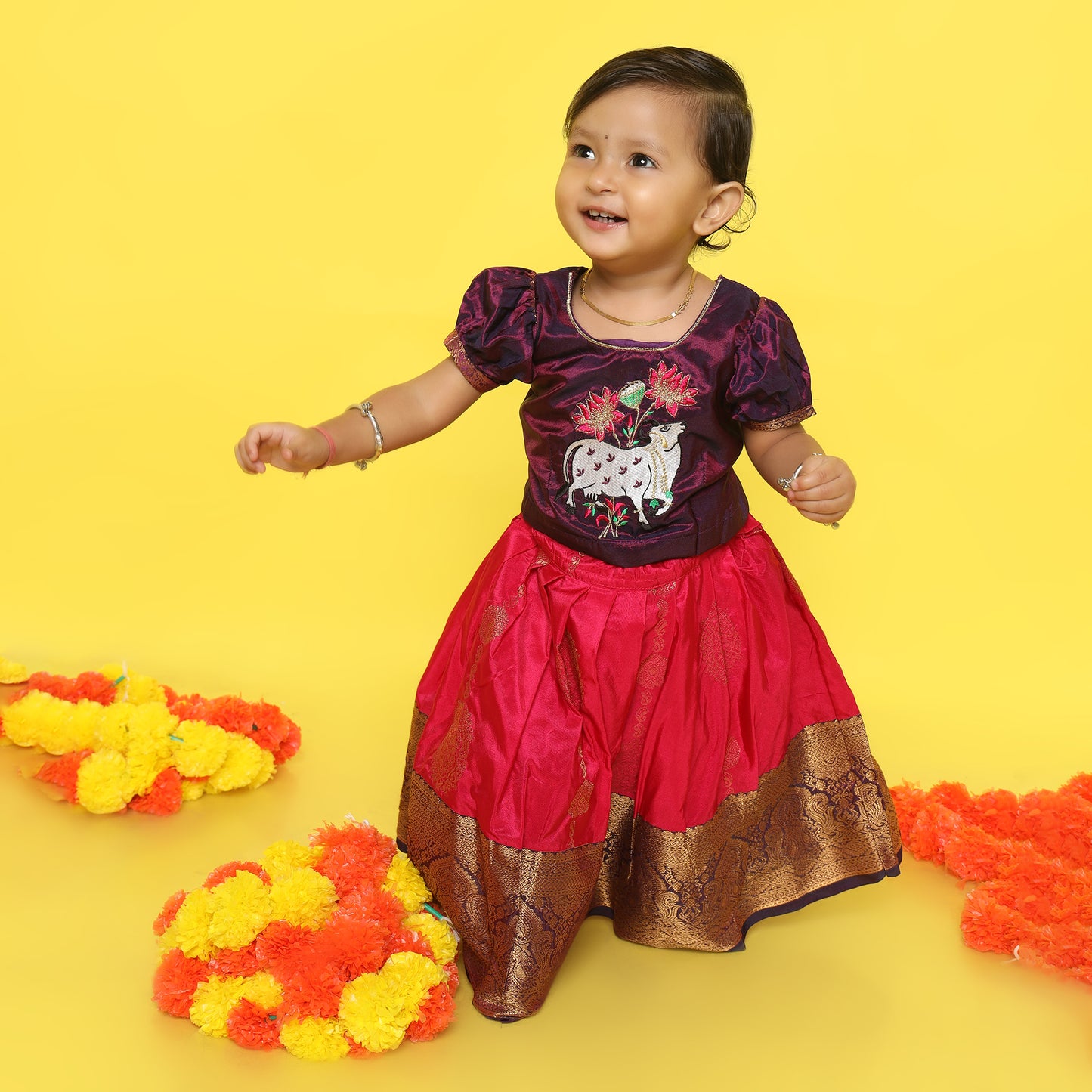 Wine and bright pink traditional langa blouse kamadenu cow embroidered zari border ethnic wear pattu pavadai silk for baby girl