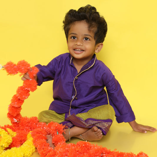 Purple and lime green kurta dhoti baby boy ethnic wear