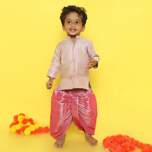 Cloudy grey and blush pink banarasi silk kurta dhoti ethnic wear for baby boy