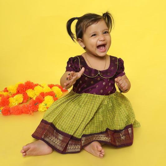 Wine and Checked Green (vintage collar) - Kanchi Cotton Silk Ethnic Wear for Baby Girl