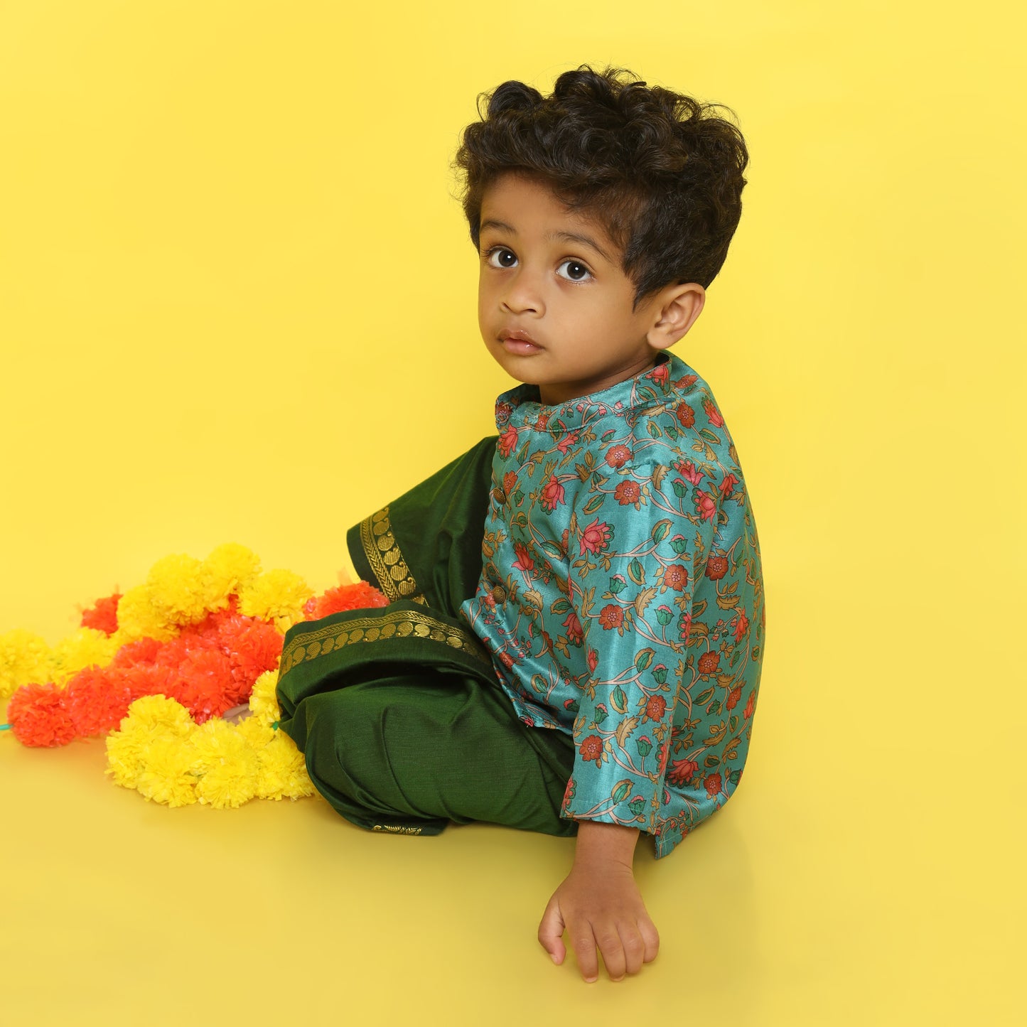 Traditional Indian Kalamkari Neeli Baby Boy Silk Kurta Green Dhoti Set