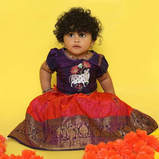 Bagalamukhi - Purple and lily pink traditional langa blouse kamadenu cow embroidered zari border ethnic wear pattu pavadai silk for baby girl