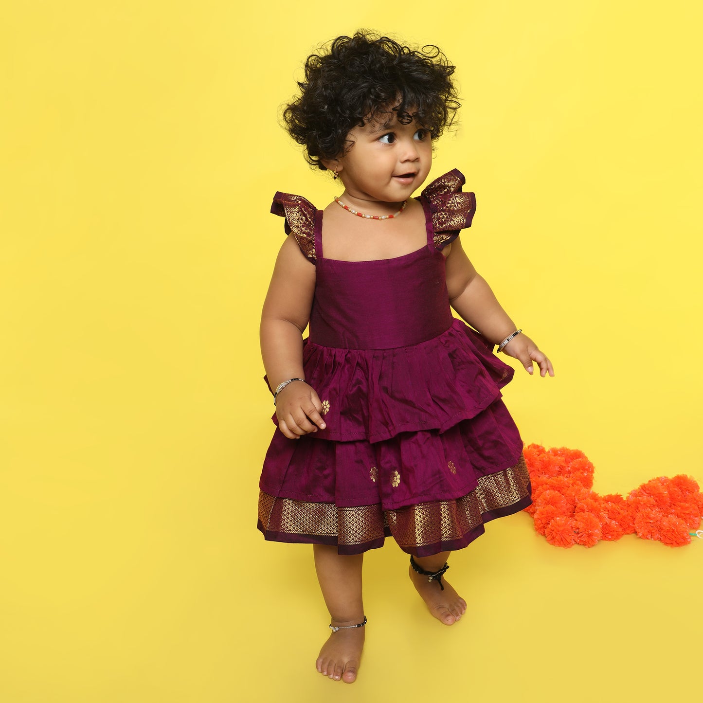 Wine - Cotton Silk 3 Layered South Indian Ethnic Frock for Baby Girl