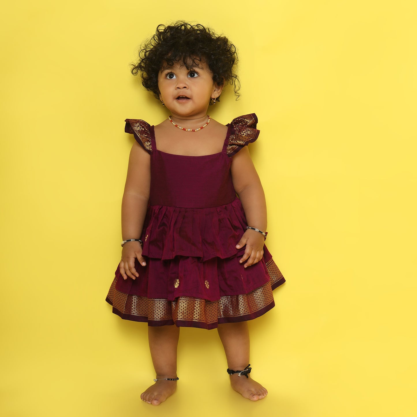 Wine - Cotton Silk 3 Layered South Indian Ethnic Frock for Baby Girl