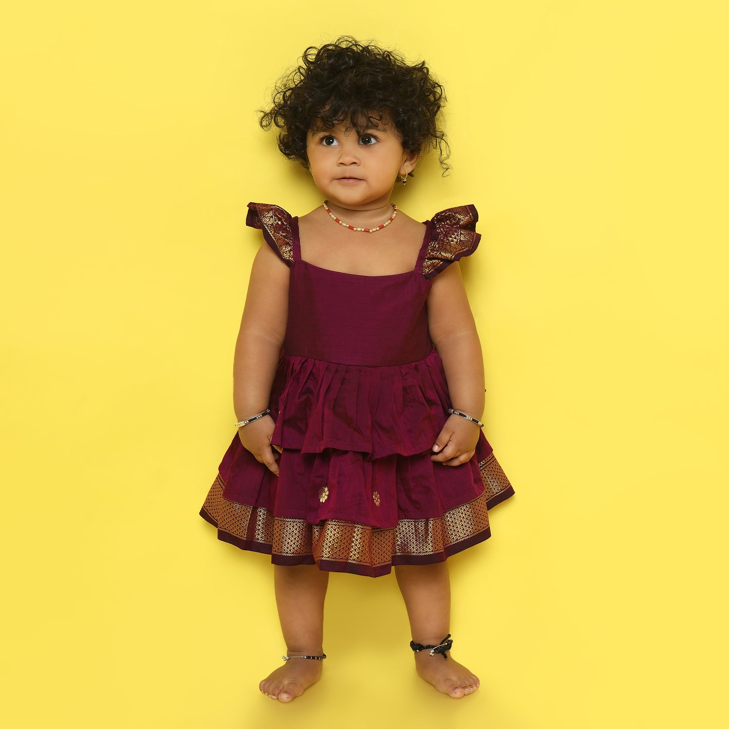 Wine - Cotton Silk 3 Layered South Indian Ethnic Frock for Baby Girl