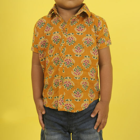 Indian print mustard yellow - casual, comfortable, breathable, soft organic 100% cotton shirts for baby boy
