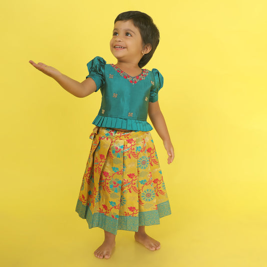 Yellow and dark green hand work embroidery langa blouse / pattu pavadai / lehenga ethnic wear for baby girl