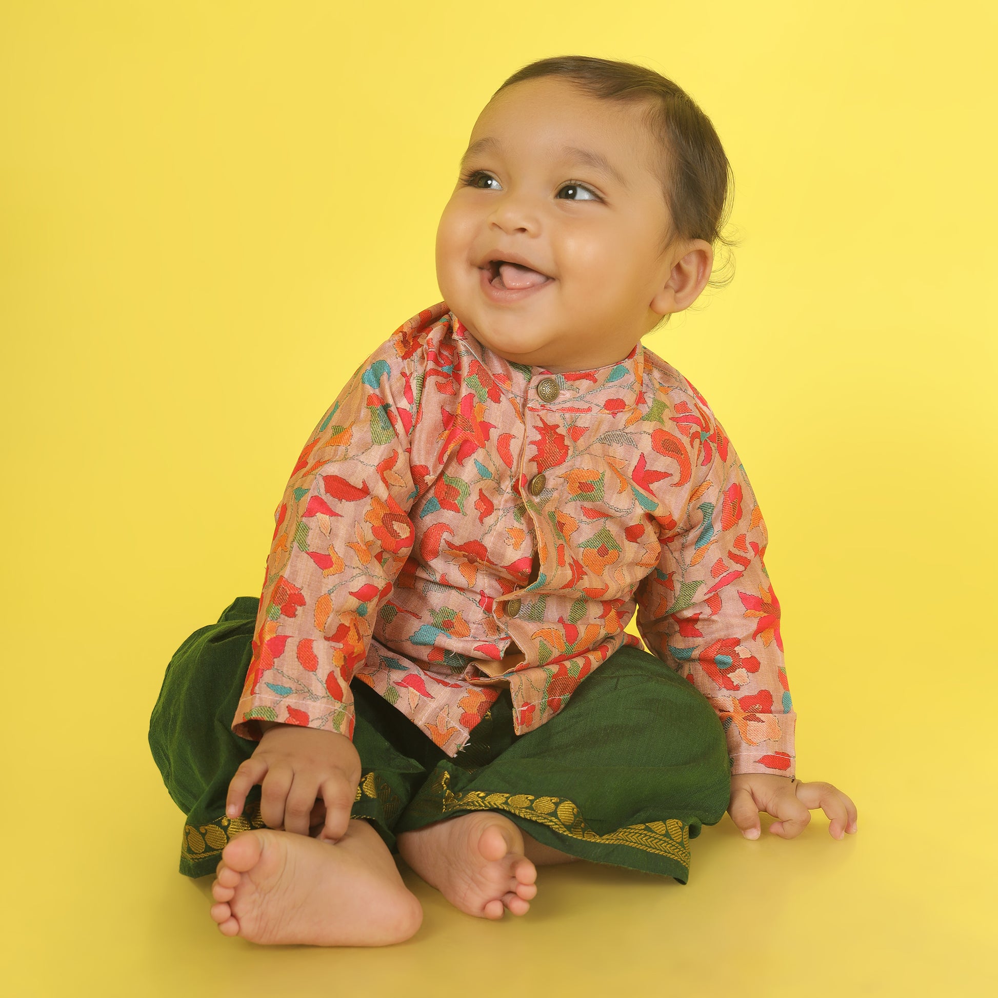 Traditional Indian Multi floral Autumn Baby Boy Silk Kurta Green Dhoti Set